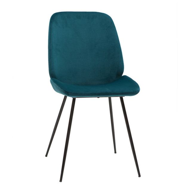 Turquoise Fabric Dining Chair with black metal legs and a beautifully curved back