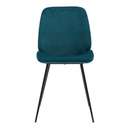 Turquoise Fabric Dining Chair with black metal legs and a beautifully curved back