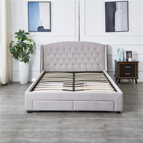 high quality luxury design fabric bed frame 4 drawers storage bed with buttons tufted winged headboard for bedroom set