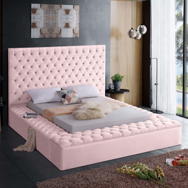 Light luxury European design Bedroom furniture pink velvet fabric wooden headboard queen king size bed with storage