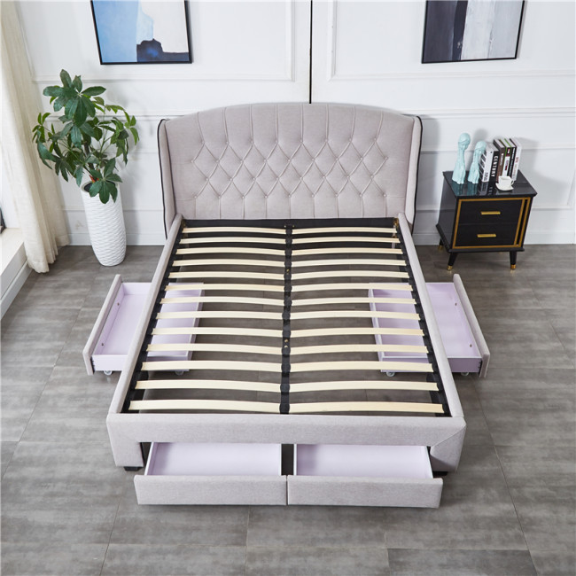 high quality luxury design fabric bed frame 4 drawers storage bed with buttons tufted winged headboard for bedroom set
