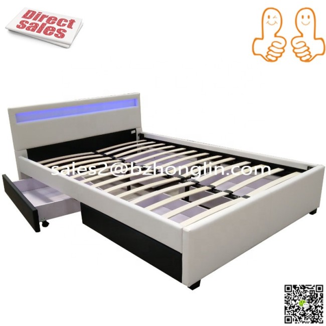 Made in CHINA factory upholstered modern hot sale double queen king size  LED PU leather bed with drawers frame designs