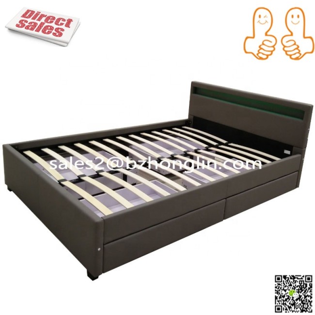 Made in CHINA factory upholstered modern hot sale double queen king size  LED PU leather bed with drawers frame designs