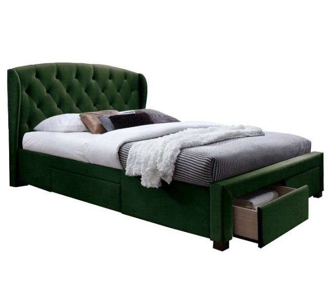 button tufted wing headboard green velvet fabric queen size storage drawer bed frame