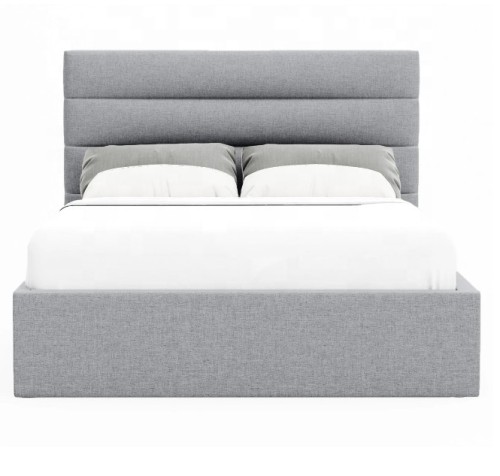 horizontal plush hand crafted panels Grey Fabric double queen king size gas lift storage bed frame