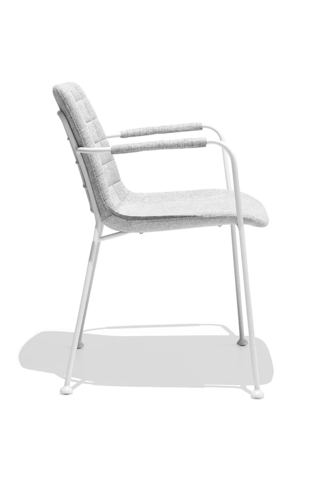 Light grey fabric dining chair with armrest