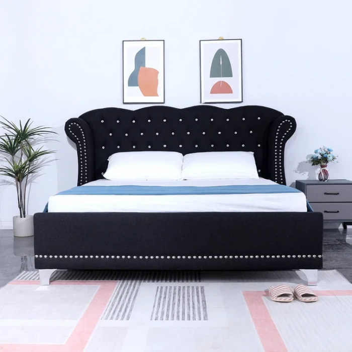 Crushed Diamonds Headboard Upholster Velvet Royal Design Bedroom Furniture Double Size Wooden Bed Frame