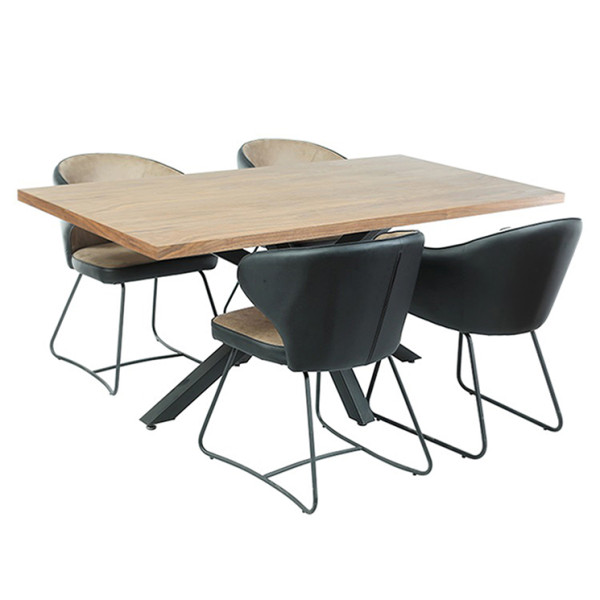 Rectangle Veneer Wooden Top Dining Table with a Black Metal Stand