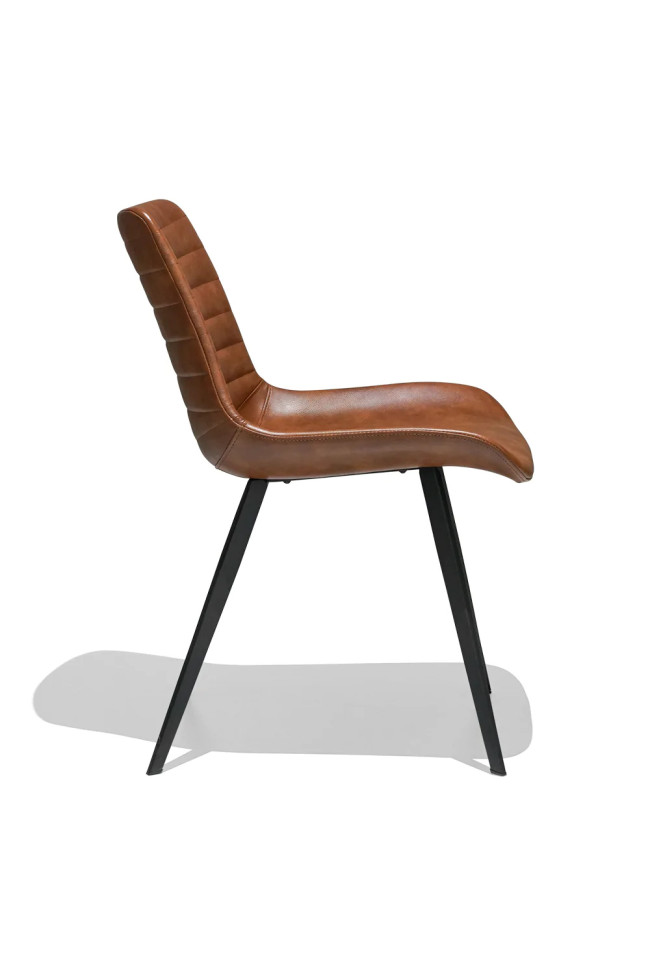 Curved back brown upholstered dining chair with metal feet