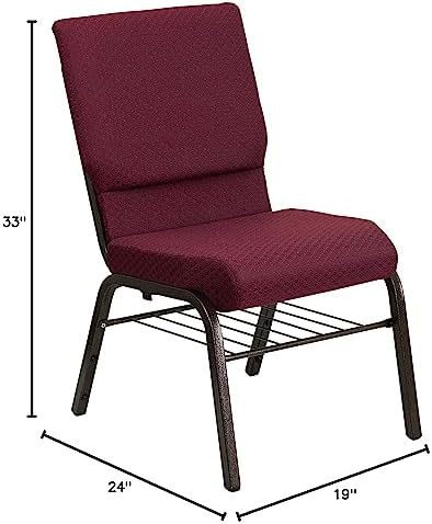 Church Chair in Burgundy Fabric with Book Rack - Gold Vein Frame