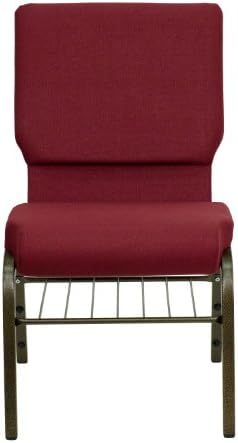 Church Chair in Burgundy Fabric with Book Rack - Gold Vein Frame