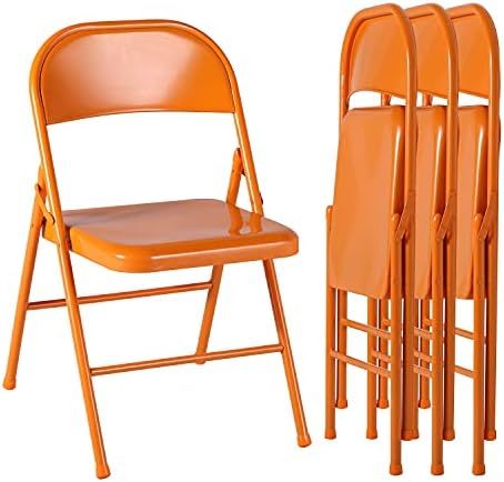 Metal Frame Steel Folding Mounted Chairs with Triple Braced & Double Hinged Back for Home Office,350-Pound Capacity,Orange, Pack of 4