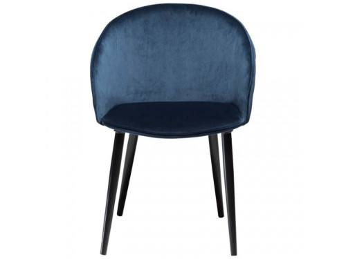 Dark blue velvet upholstery dining chair with sleek black metal legs