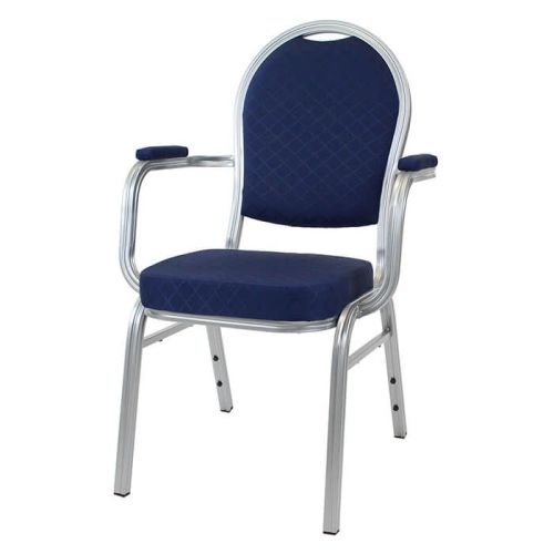 Round Back Aluminium Stacking Chair Silver Frame Blue Fabric With Arms