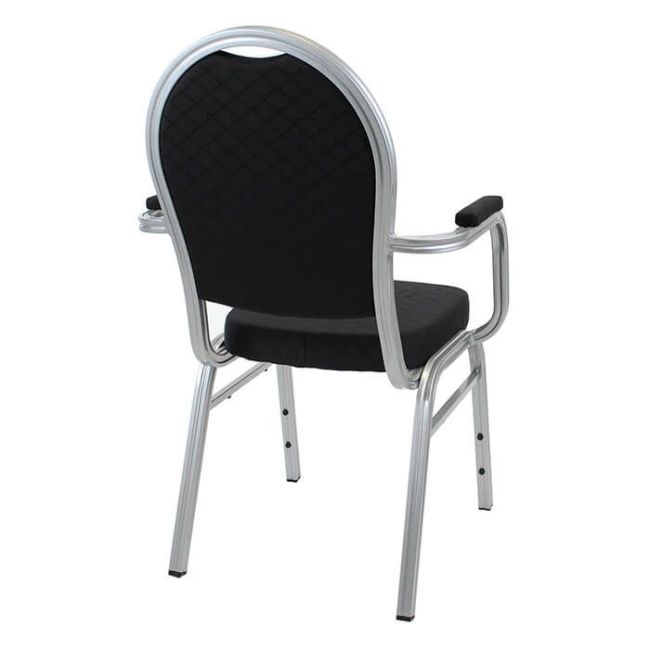 Round Back Aluminium Stacking Chair Silver Frame Black Fabric with Arms