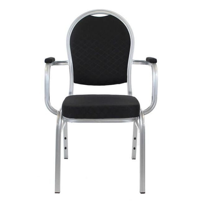 Round Back Aluminium Stacking Chair Silver Frame Black Fabric with Arms
