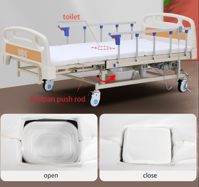 Factory price nursing home care bed electric medical bed prices 5 function patient hospital bed with petty commode for clinic