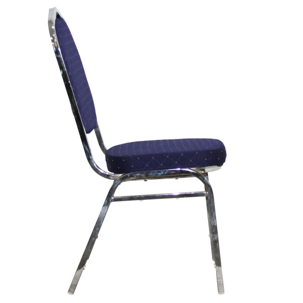Blue fabric stackable banquet dining chair with silver metal frame
