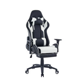 Black and white faux leather gaming chair with footrest