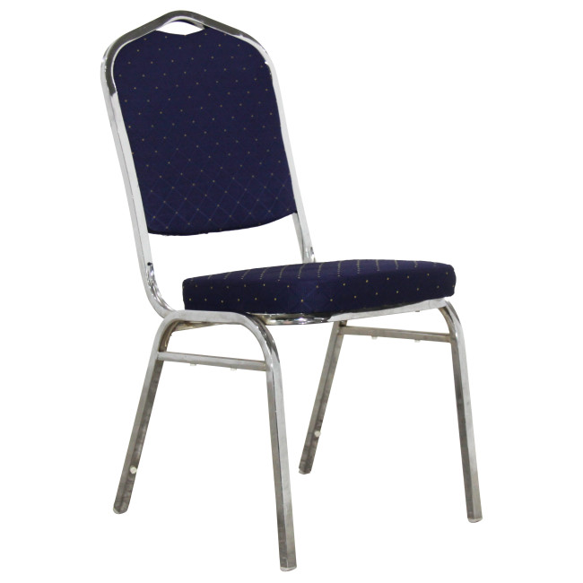 Blue fabric stackable banquet dining chair with silver metal frame