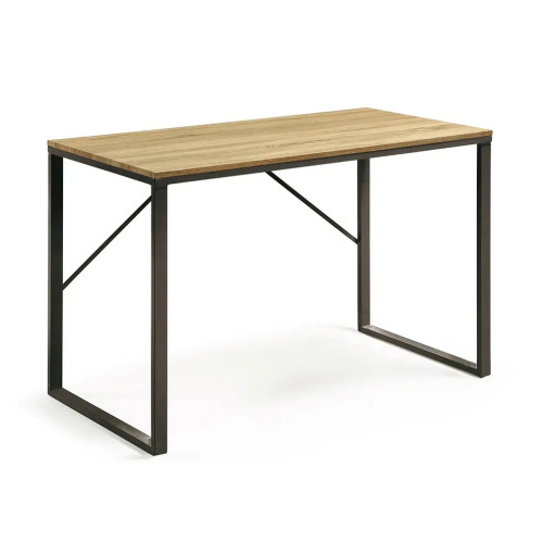 Stylish and modern square dining table featuring a wooden top and metal feet