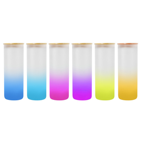 USA warehouse RTS 25oz 6pcs Sublimation Gradient glass with bamboo lid and plastic straw