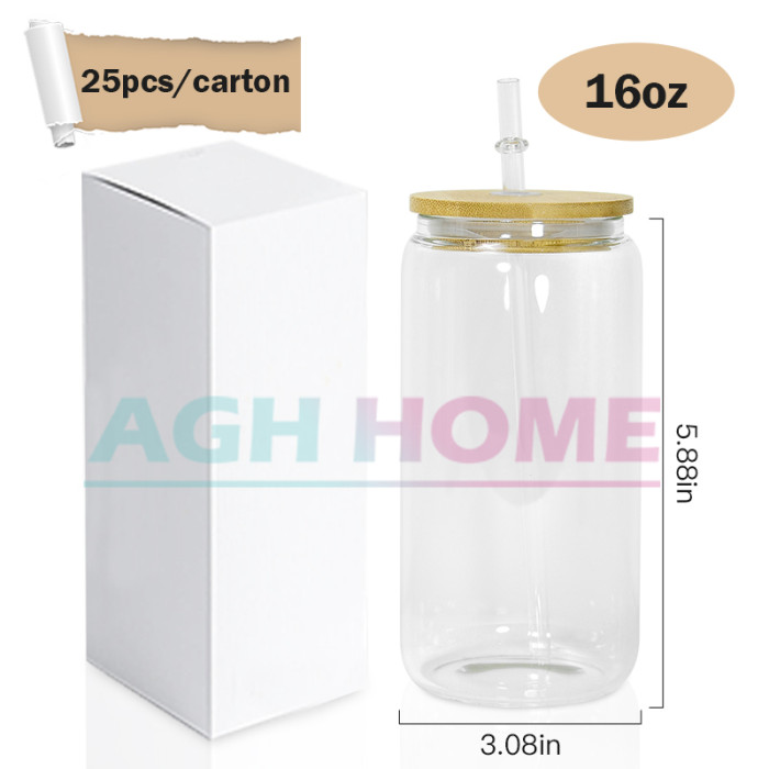 US Warehouse RTS 16oz Sublimation Clear Glass Jar with Bamboo Lid and Straw
