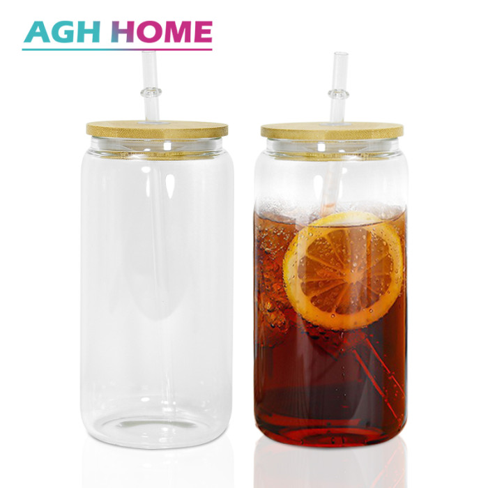 US Warehouse RTS 50pcs 16oz Sublimation Clear Glass Jar with Bamboo Lid and Straw