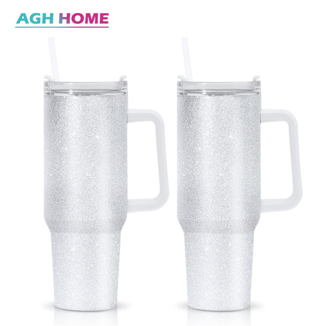 US Warehouse 40oz Sublimation White Glitter mug with Handle