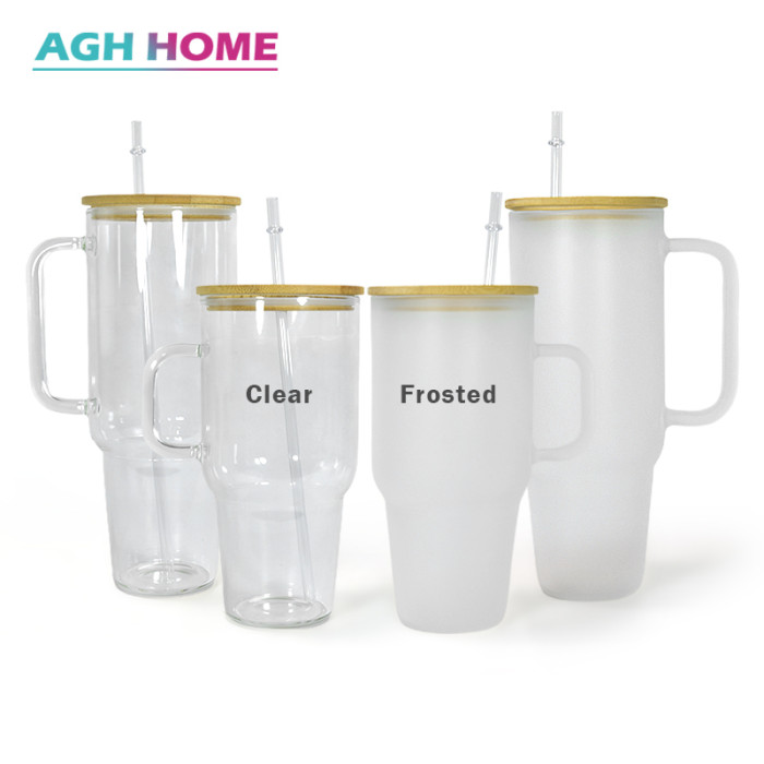 USA warehouse 32oz 40oz sublimation clear/frosted glass handle mug with straw