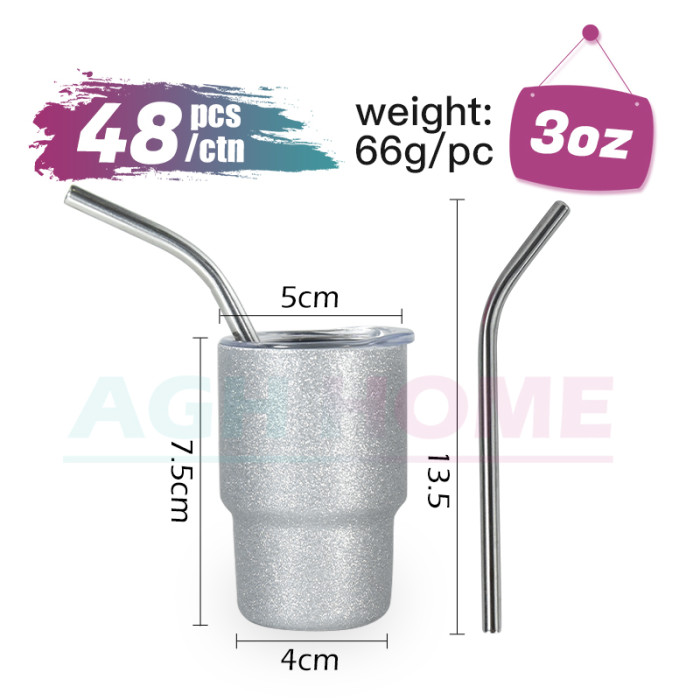 China warehouse RTS 3oz Sublimation White Glitter Shot Glass Tumbler with metal straw