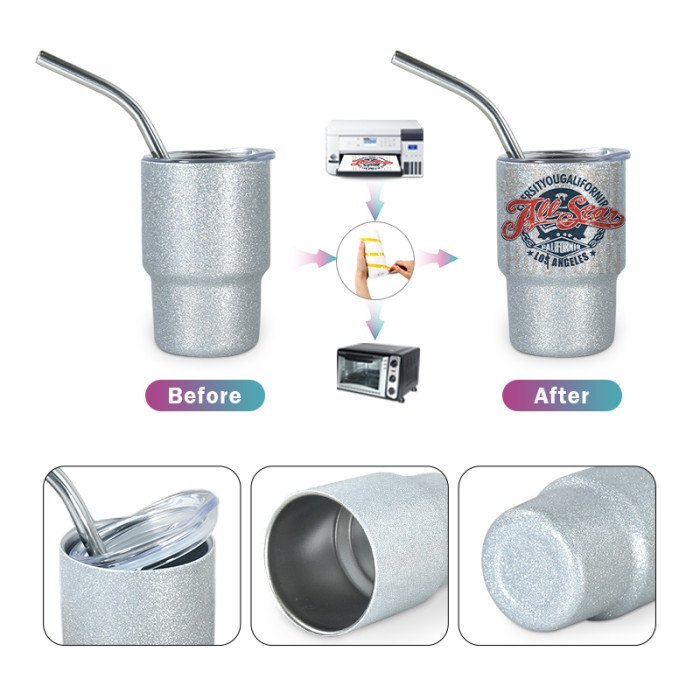 China warehouse RTS 3oz Sublimation White Glitter Shot Glass Tumbler with metal straw