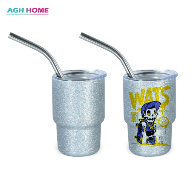 China warehouse RTS 3oz Sublimation White Glitter Shot Glass Tumbler with metal straw