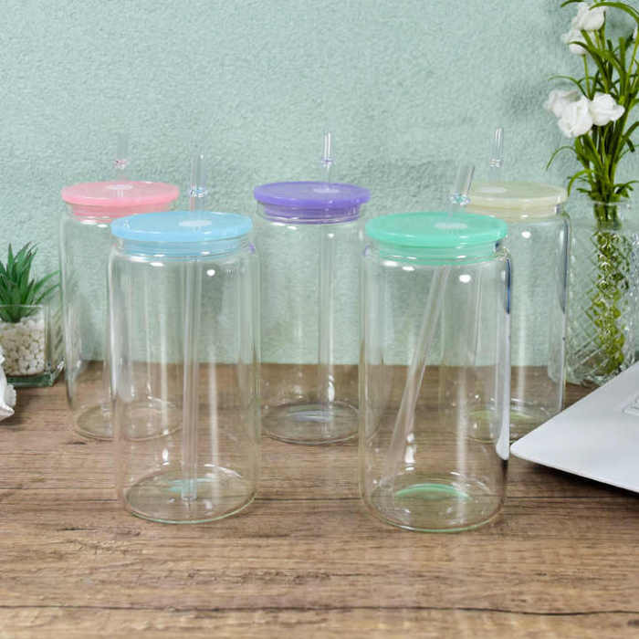 US Warehouse RTS 16oz Sublimation Clear Glass Jar with Colorful Plastic lids  Mixed color