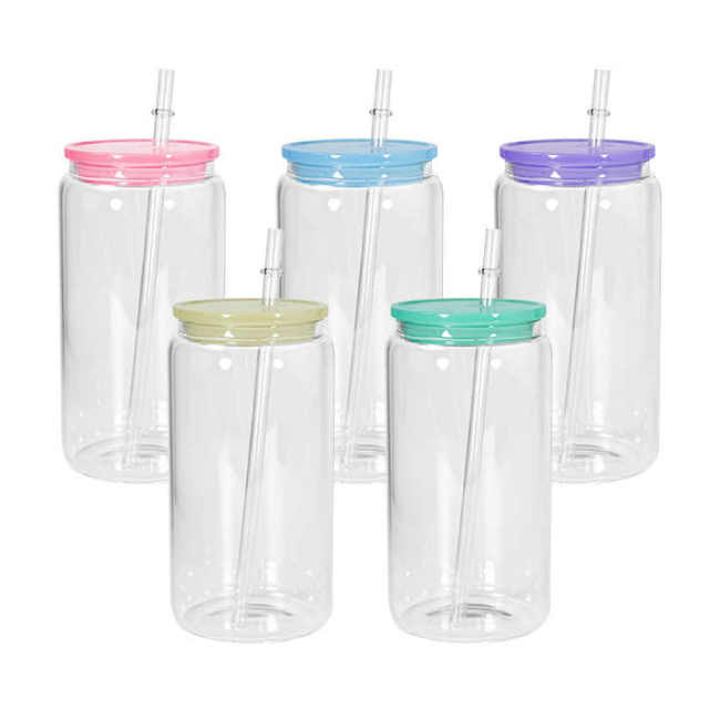 US Warehouse RTS 16oz Sublimation Clear Glass Jar with Colorful Plastic lids  Mixed color