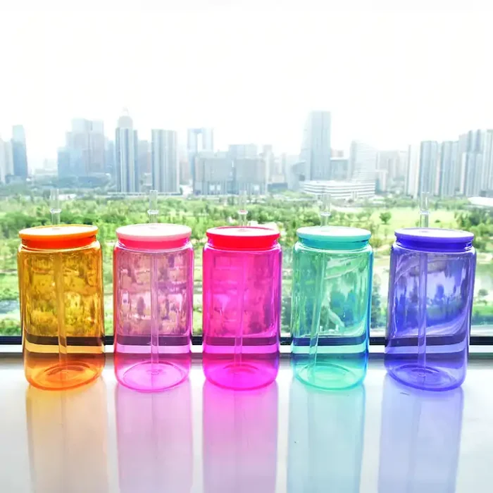 50pcs US Warehouse CLEARANCE 16oz Sublimation Colorful Glass beer can with Colorful Plastic lids
