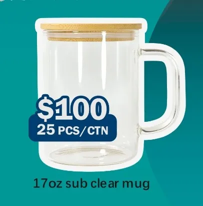 USA Warehouse 17oz Clear Sublimation Blank Glass Mug With Handle