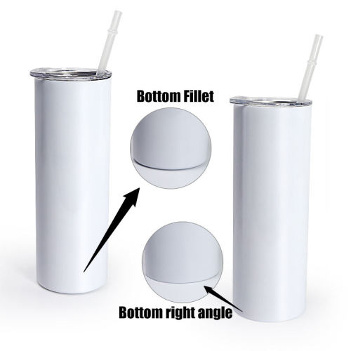 USA warehouse RTS 20oz sublimation stainless steel flat edge skinny tumbler with plastic straw metal straw and rubber bottom  25pcs/carton