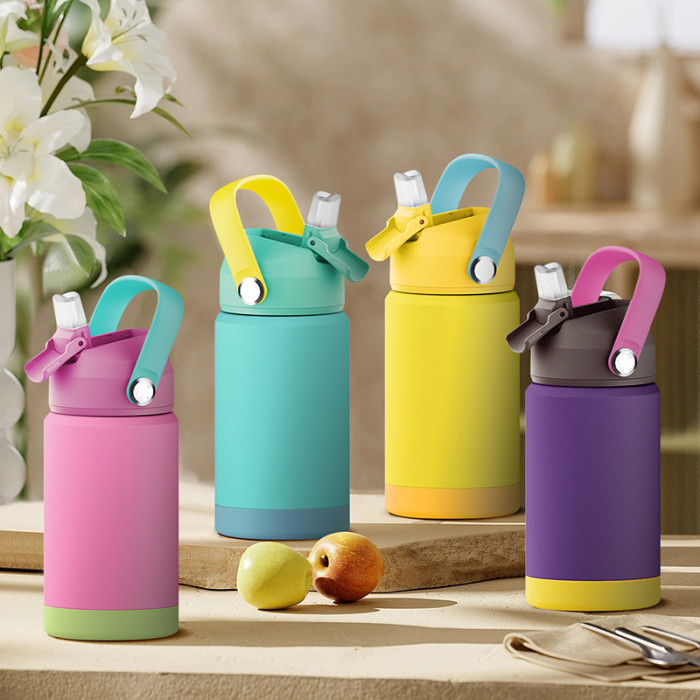US warehouse 12oz stainless steel colorful powder coated kids water bottle with portable handle and rubber bottom (mixed color) 25pcs/carton
