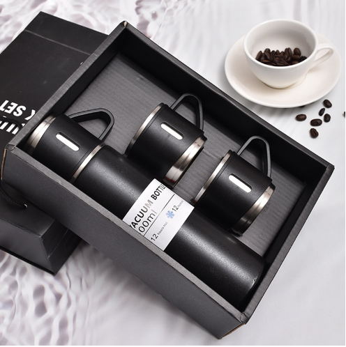 US Warehouse black powder coated Stainless Steel Insulated Water Bottle with Three Cups 500ml 20sets/CTN