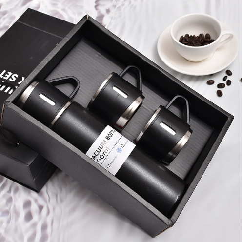 CN Warehouse black powder coated Stainless Steel Insulated Water Bottle with Three Cups 500ml 20sets/CTN