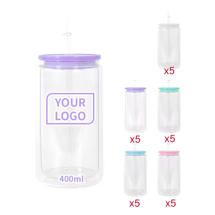 Ready to Ship US Sublimation Double Wall Snow Globe GLASS can with colorful lids and clear straw 25pcs/case