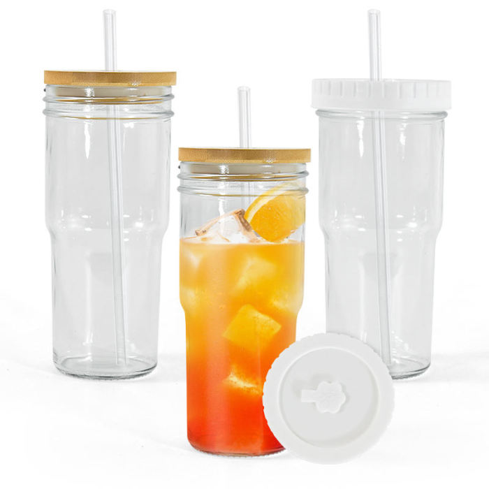 USA warehouse 4 Pack 24oz vintage drinking glass set Wide Mouth Soda Pop Drinking Juice Glasses with bamboo and plastic lids