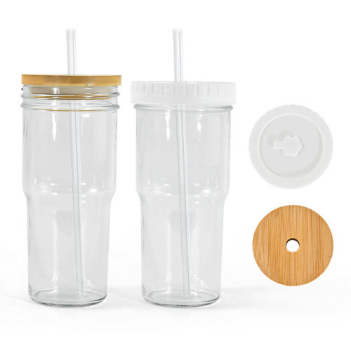 USA warehouse 4 Pack 24oz vintage drinking glass set Wide Mouth Soda Pop Drinking Juice Glasses with bamboo and plastic lids