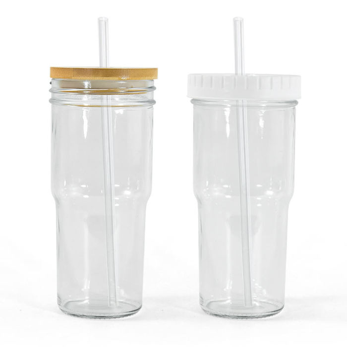 USA warehouse 4 Pack 24oz vintage drinking glass set Wide Mouth Soda Pop Drinking Juice Glasses with bamboo and plastic lids
