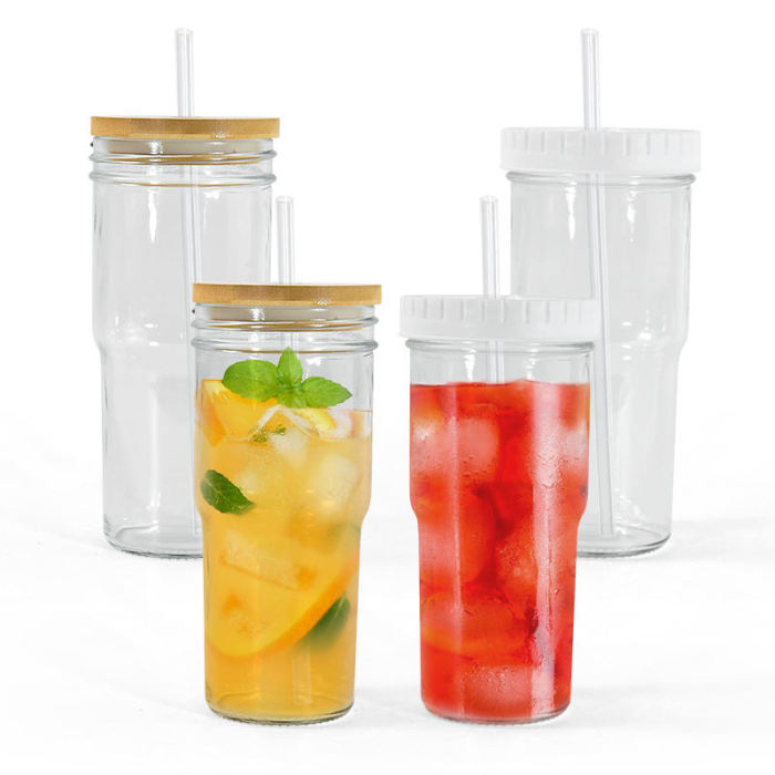 USA warehouse 4 Pack 24oz vintage drinking glass set Wide Mouth Soda Pop Drinking Juice Glasses with bamboo and plastic lids