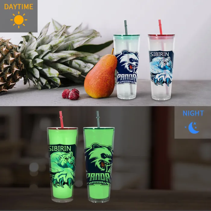 CN Warehosue Clear 24oz Glow In the dark Snow Globe Plastic Cups with Plugs 25pcs/case