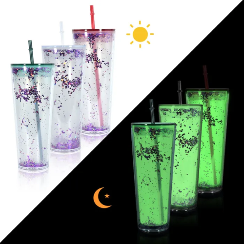 CN Warehosue Clear 24oz Glow In the dark Snow Globe Plastic Cups with Plugs 25pcs/case