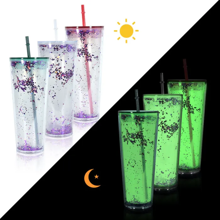 CN Warehosue Clear 24oz Glow In the dark Snow Globe Plastic Cups with Plugs 25pcs/case