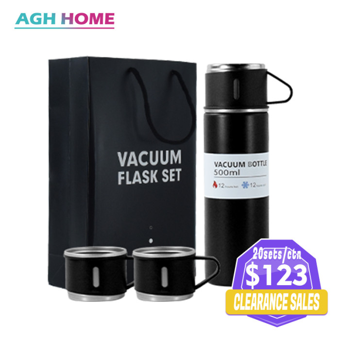 CN Warehouse black powder coated Stainless Steel Insulated Water Bottle with Three Cups 500ml 20sets/CTN